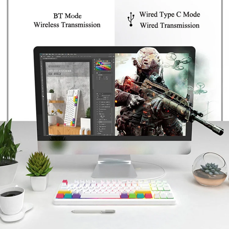 Ajazz K870T 87-Key Hot Swap Bluetooth/Wired Dual Mode RGB Backlight Office Game Mechanical Keyboard Tea Shaft (White) - Image 12