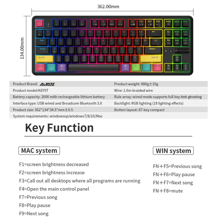 Ajazz K870T 87-Key Hot Swap Bluetooth/Wired Dual Mode RGB Backlight Office Game Mechanical Keyboard Tea Shaft (White) - Image 14