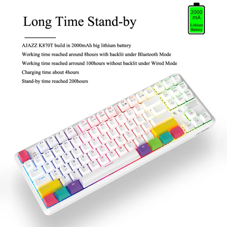 Ajazz K870T 87-Key Hot Swap Bluetooth/Wired Dual Mode RGB Backlight Office Game Mechanical Keyboard Tea Shaft (White) - Image 3