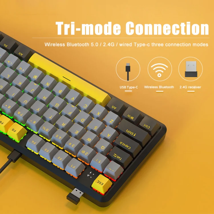 Ajazz K870T Pro 87 Keys Three Mode Wireless/Bluetooth/Wired Pluggable RGB Mechanical Keyboard Tea Shaft (Black) - Image 3