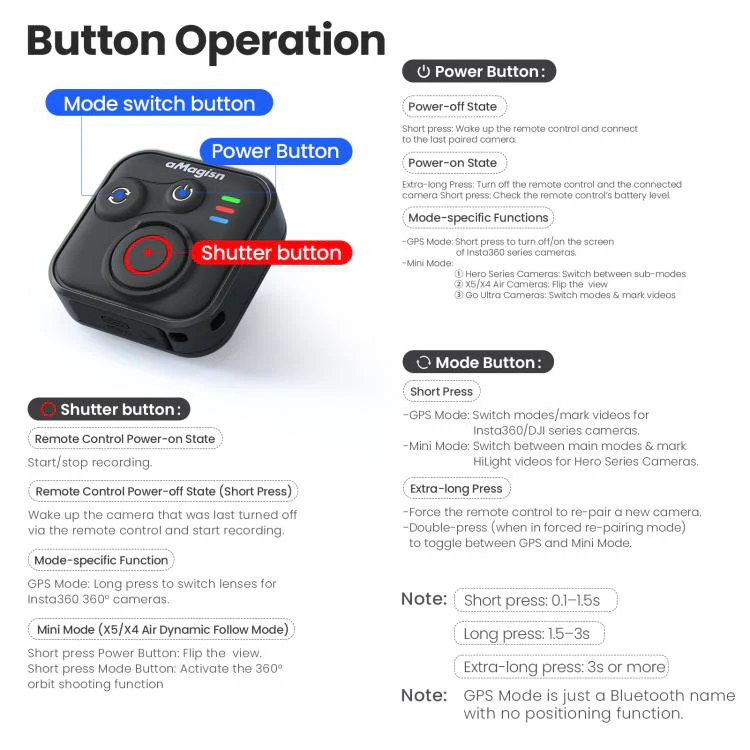 aMagisn Bluetooth Remote Controller 3.0 Universal Version For Insta360, GoPro Hero, Android/ios Smartphones, DJI OSMO 360, Action 6/5 Pro/4 - Image 8