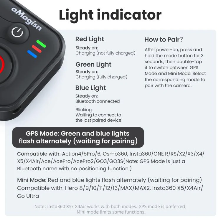 aMagisn Bluetooth Remote Controller 3.0 Universal Version For Insta360, GoPro Hero, Android/ios Smartphones, DJI OSMO 360, Action 6/5 Pro/4 - Image 9