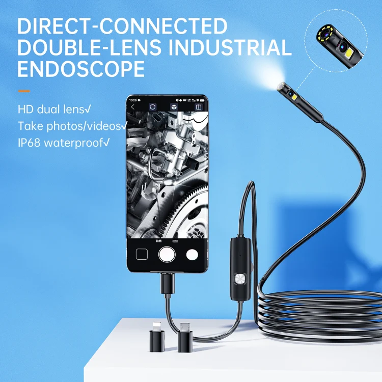 AN112 8mm Double Lenses HD Industry Endoscope Type-C + Micro USB + 8 Pin Connection, Length:10m Hard Tube - Image 2