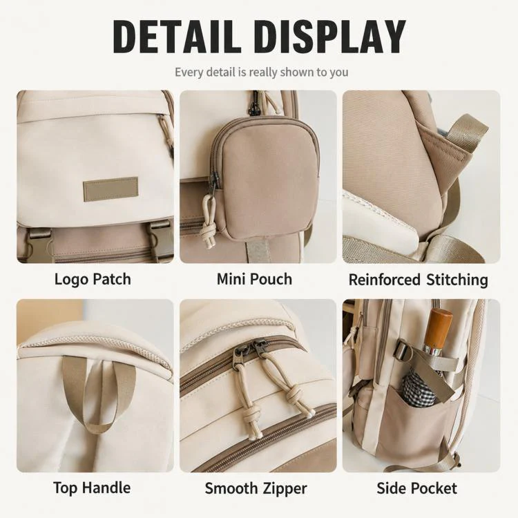ANLISHI Aesthetic School Backpack Bookbag with Detachable Coin Pouch for Teens College Campus(Khaki) - Image 8
