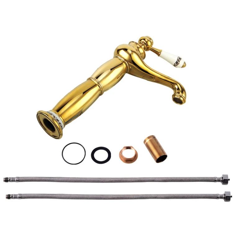 Antique Hot and Cold Bathroom Washbasin Faucet, Style: High Model+Water Inlet Pipe - Image 2