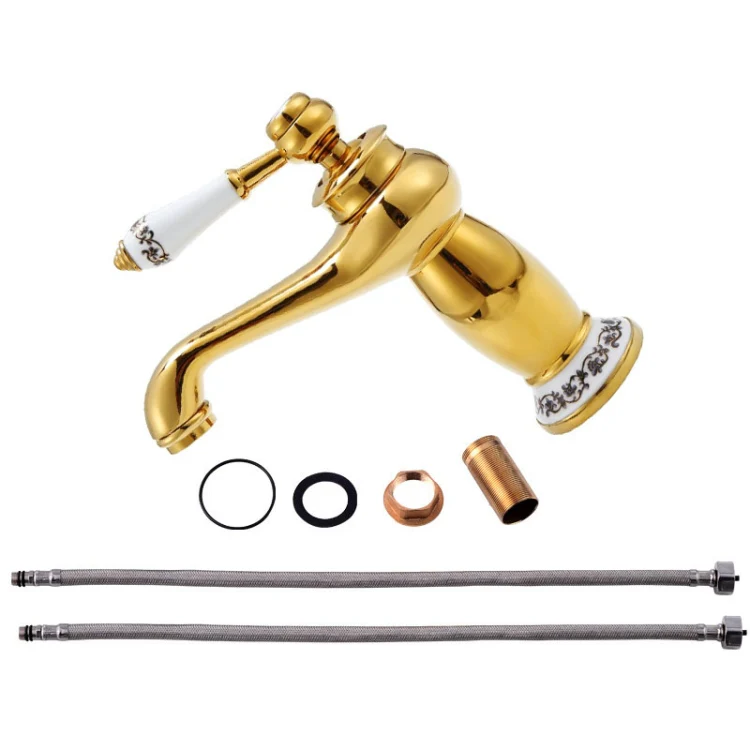 Antique Hot and Cold Bathroom Washbasin Faucet, Style: Short Model+Water Inlet Pipe - Image 2