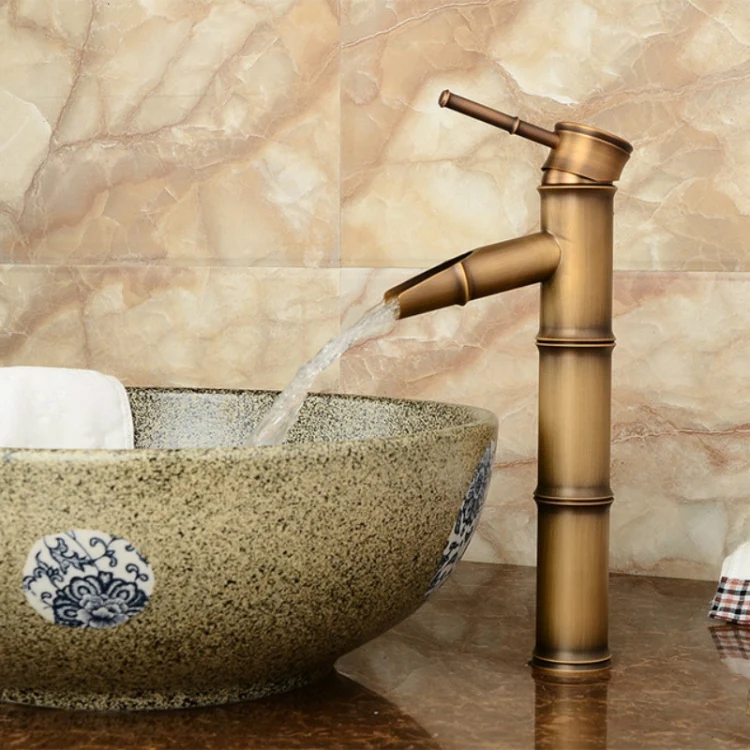 Antique Retro Hot Cold Water Bathroom Counter Basin Bamboo Waterfall Basin Copper Faucet, Specifications:Breaking 3 Knots - Image 8