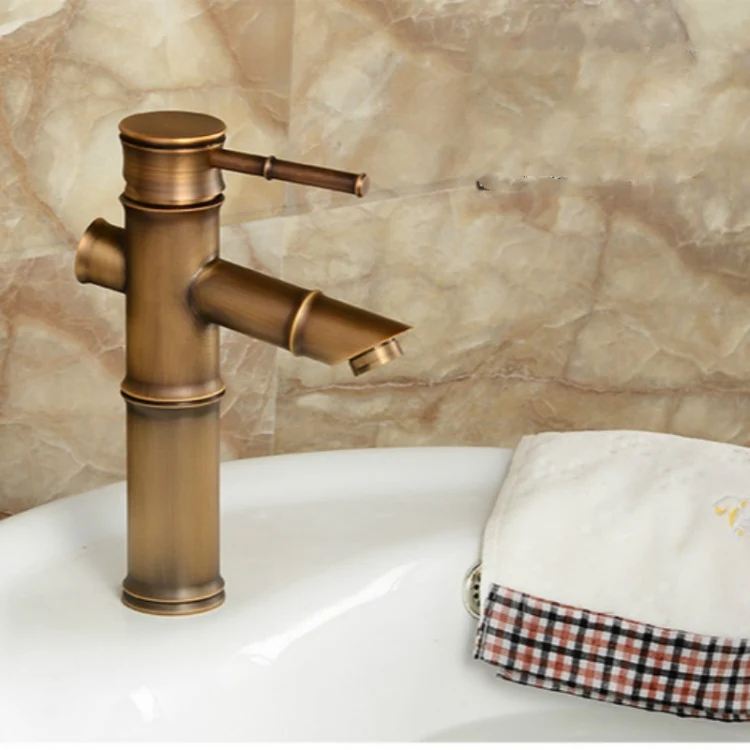 Antique Retro Hot Cold Water Bathroom Counter Basin Bamboo Waterfall Basin Copper Faucet, Specifications:Early 2 Knots - Image 2