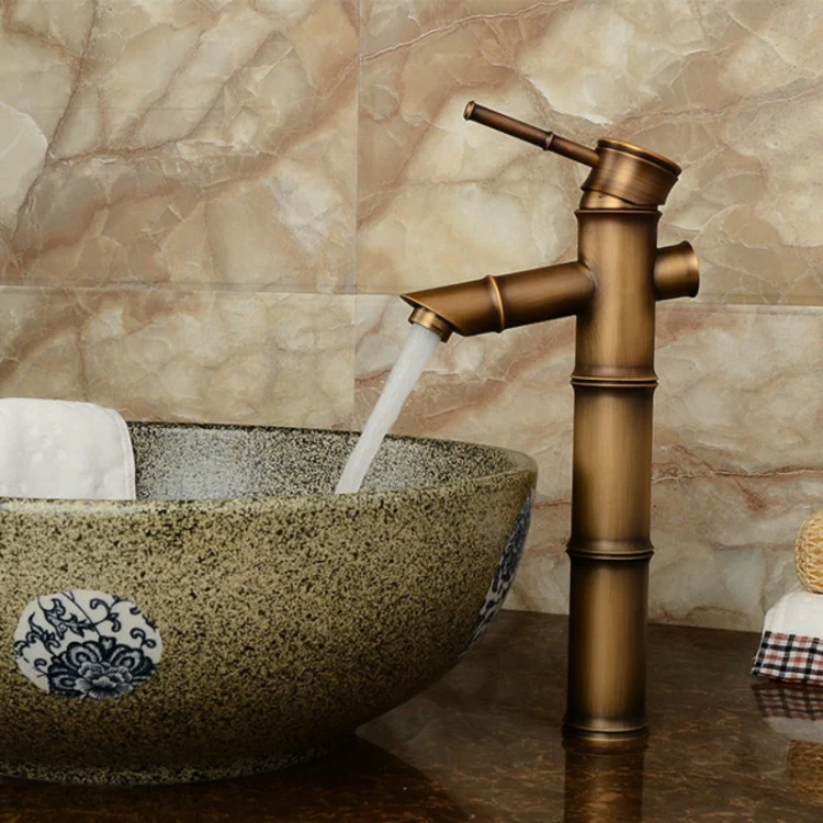 Antique Retro Hot Cold Water Bathroom Counter Basin Bamboo Waterfall Basin Copper Faucet, Specifications:Early 3 Knots - Image 2