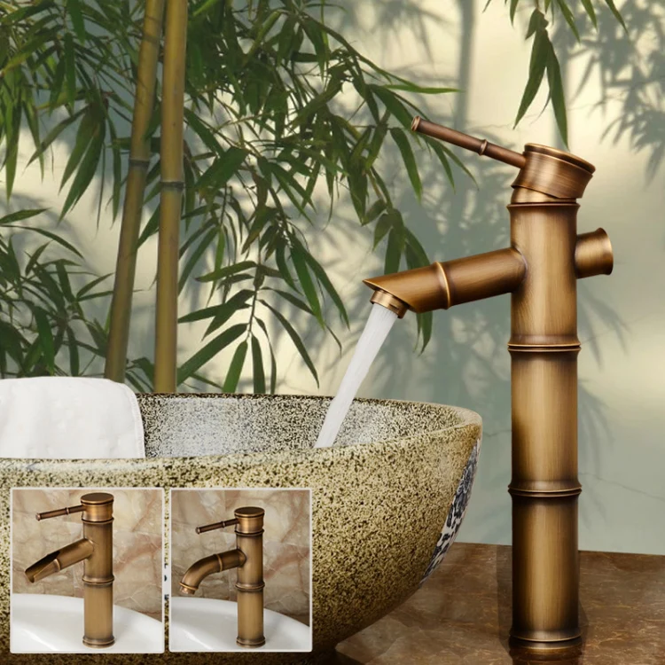 Antique Retro Hot Cold Water Bathroom Counter Basin Bamboo Waterfall Basin Copper Faucet, Specifications:Early 3 Knots - Image 3
