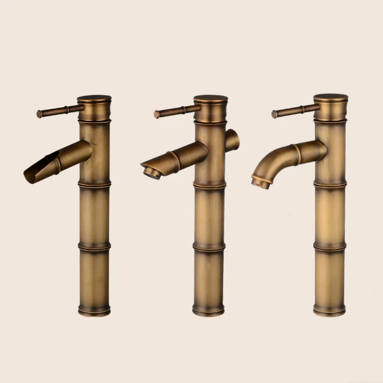 Antique Retro Hot Cold Water Bathroom Counter Basin Bamboo Waterfall Basin Copper Faucet, Specifications:Early 3 Knots - Image 5