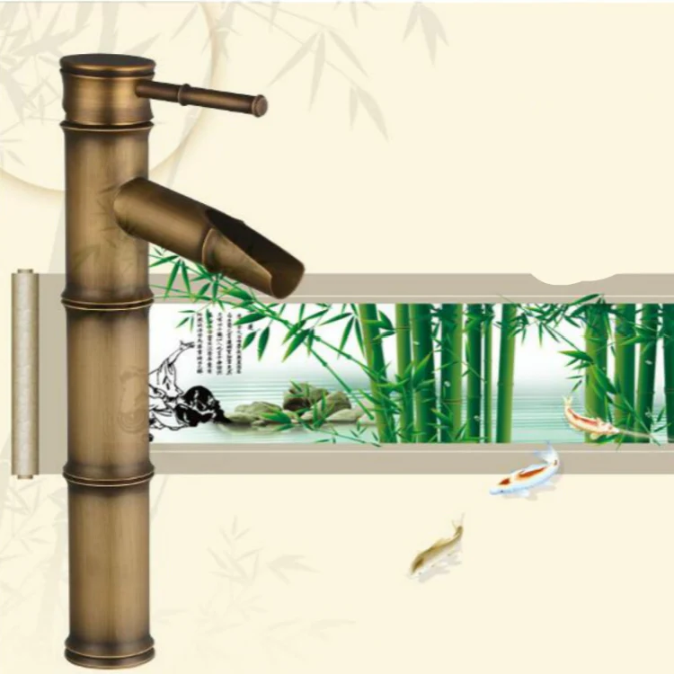 Antique Retro Hot Cold Water Bathroom Counter Basin Bamboo Waterfall Basin Copper Faucet, Specifications:Early 3 Knots - Image 6