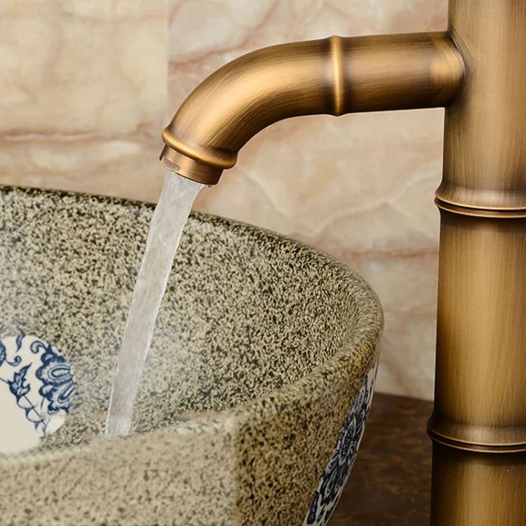 Antique Retro Hot Cold Water Bathroom Counter Basin Bamboo Waterfall Basin Copper Faucet, Specifications:Early 3 Knots - Image 7
