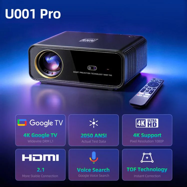 AUN U001 Pro 1080P 2050ANSI For Google TV Android 14 OS Smart Projector, Plug:UK Plug(Black) - Image 2