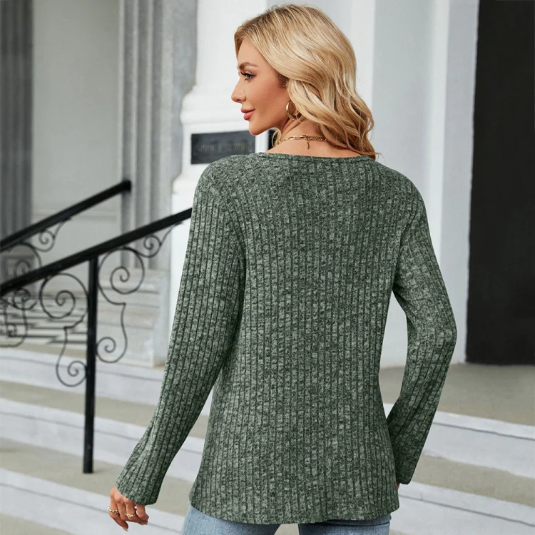 Autumn And Winter Round Neck Button Split Loose Long-Sleeved T-Shirt Top, Size: L(Green) - Image 5