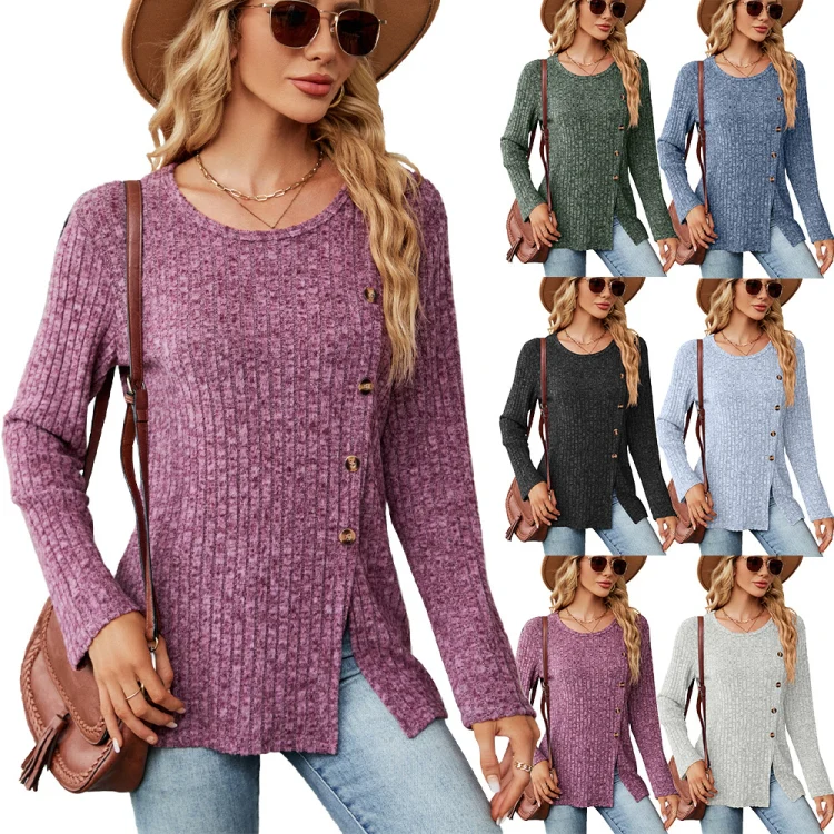 Autumn And Winter Round Neck Button Split Loose Long-Sleeved T-Shirt Top, Size: M(Black) - Image 6