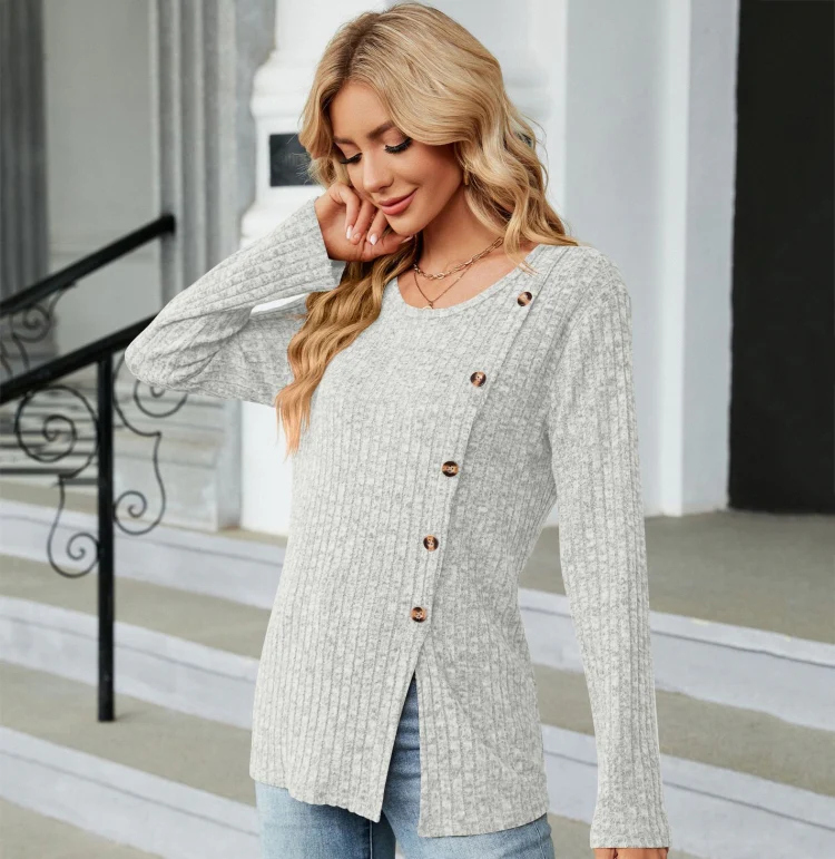 Autumn And Winter Round Neck Button Split Loose Long-Sleeved T-Shirt Top, Size: M(Light Grey) - Image 4