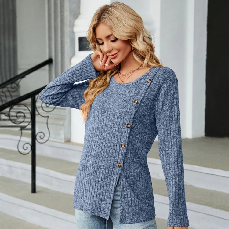 Autumn And Winter Round Neck Button Split Loose Long-Sleeved T-Shirt Top, Size: S(Blue) - Image 4