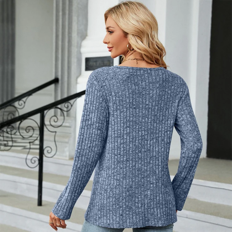 Autumn And Winter Round Neck Button Split Loose Long-Sleeved T-Shirt Top, Size: S(Blue) - Image 5