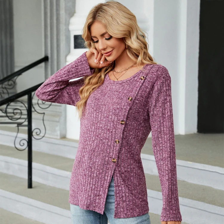 Autumn And Winter Round Neck Button Split Loose Long-Sleeved T-Shirt Top, Size: S(Purple Red) - Image 4