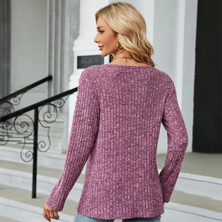 Autumn And Winter Round Neck Button Split Loose Long-Sleeved T-Shirt Top, Size: S(Purple Red) - Image 5