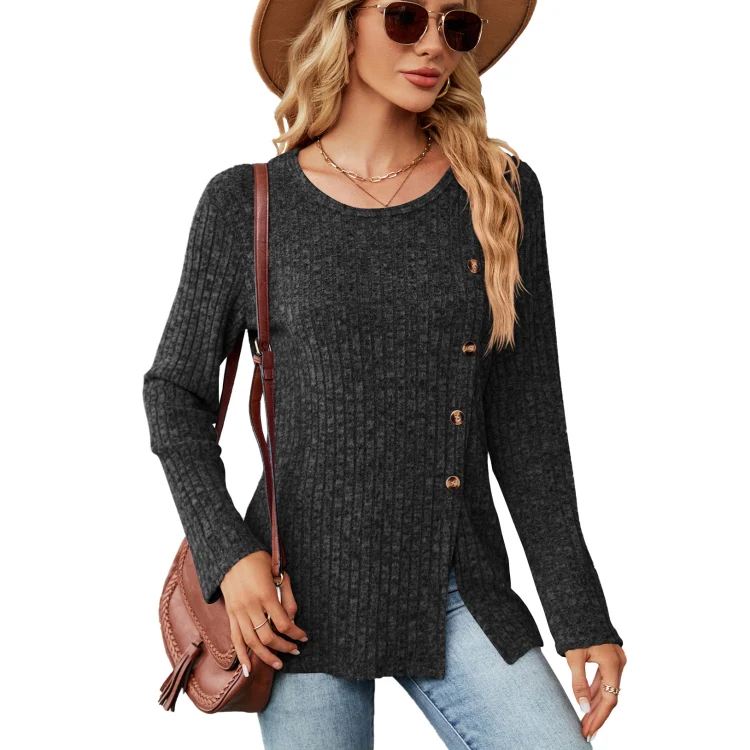 Autumn And Winter Round Neck Button Split Loose Long-Sleeved T-Shirt Top, Size: XL(Black)