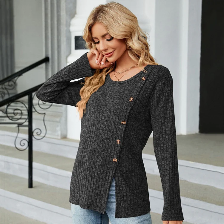 Autumn And Winter Round Neck Button Split Loose Long-Sleeved T-Shirt Top, Size: XL(Black) - Image 4