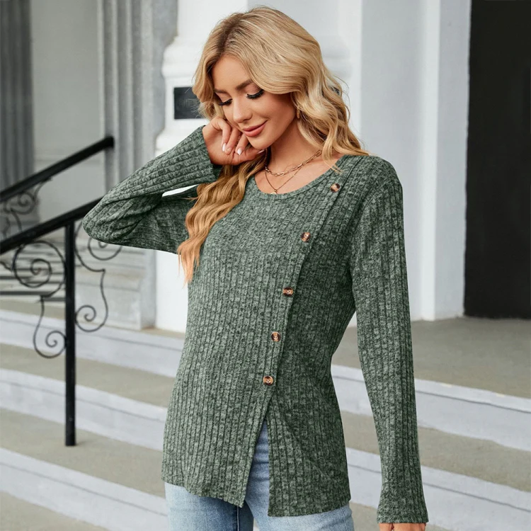 Autumn And Winter Round Neck Button Split Loose Long-Sleeved T-Shirt Top, Size: XL(Green) - Image 4