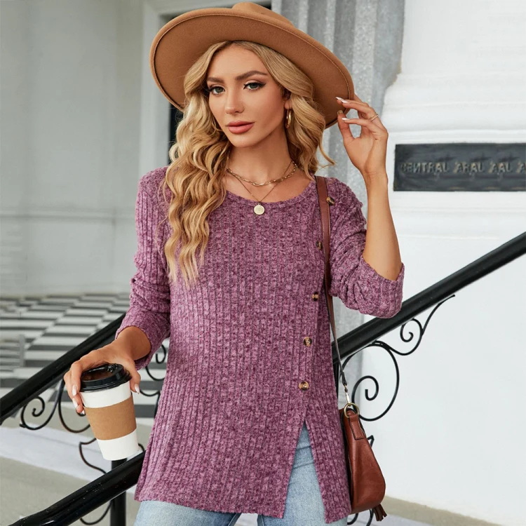 Autumn And Winter Round Neck Button Split Loose Long-Sleeved T-Shirt Top, Size: XL(Purple Red) - Image 3