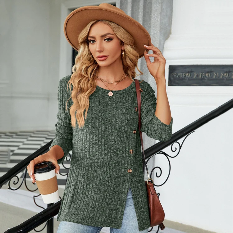 Autumn And Winter Round Neck Button Split Loose Long-Sleeved T-Shirt Top, Size: XXL(Green) - Image 3