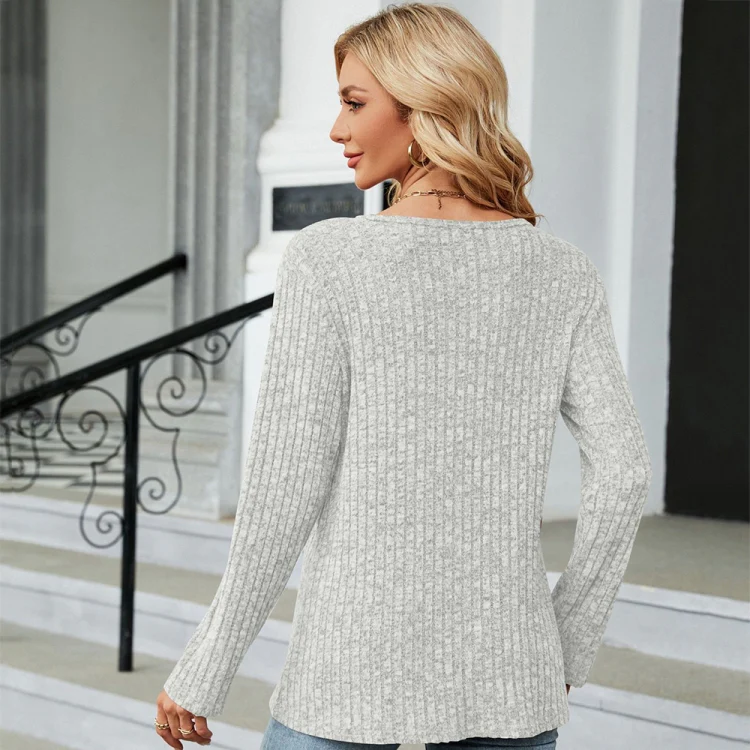 Autumn And Winter Round Neck Button Split Loose Long-Sleeved T-Shirt Top, Size: XXL(Light Grey) - Image 5