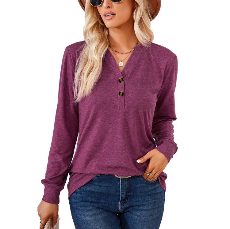 Autumn and Winter Solid Color V-neck Button Loose Long-sleeved T-shirt Top, Size: L(Claret)
