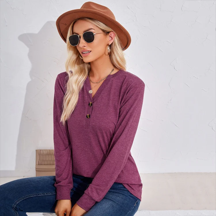Autumn and Winter Solid Color V-neck Button Loose Long-sleeved T-shirt Top, Size: L(Claret) - Image 3