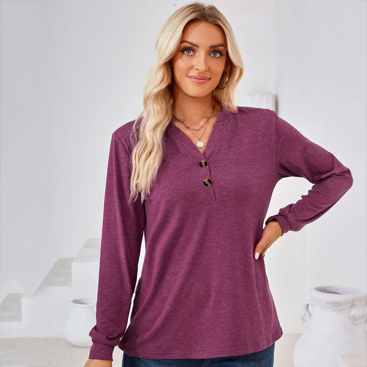 Autumn and Winter Solid Color V-neck Button Loose Long-sleeved T-shirt Top, Size: L(Claret) - Image 4