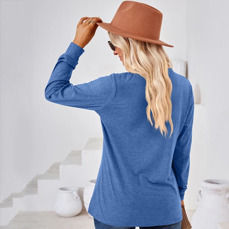 Autumn and Winter Solid Color V-neck Button Loose Long-sleeved T-shirt Top, Size: S(Blue) - Image 5