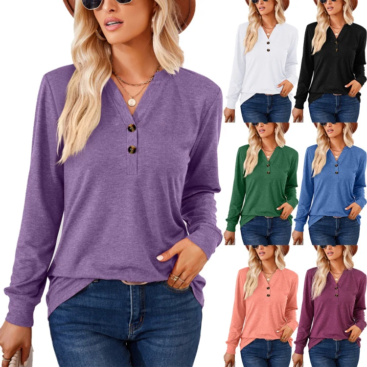Autumn and Winter Solid Color V-neck Button Loose Long-sleeved T-shirt Top, Size: S(Blue) - Image 6