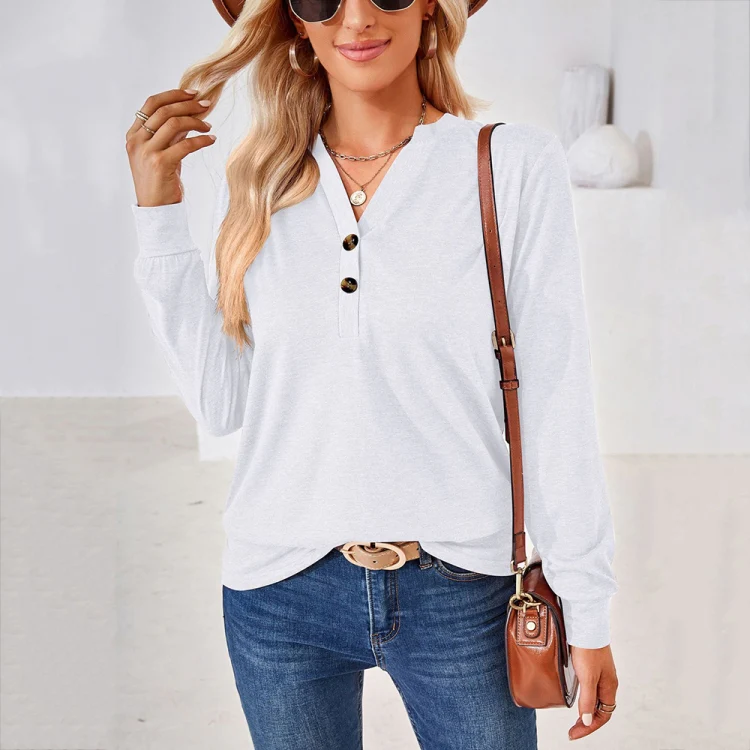 Autumn and Winter Solid Color V-neck Button Loose Long-sleeved T-shirt Top, Size: S(White) - Image 2