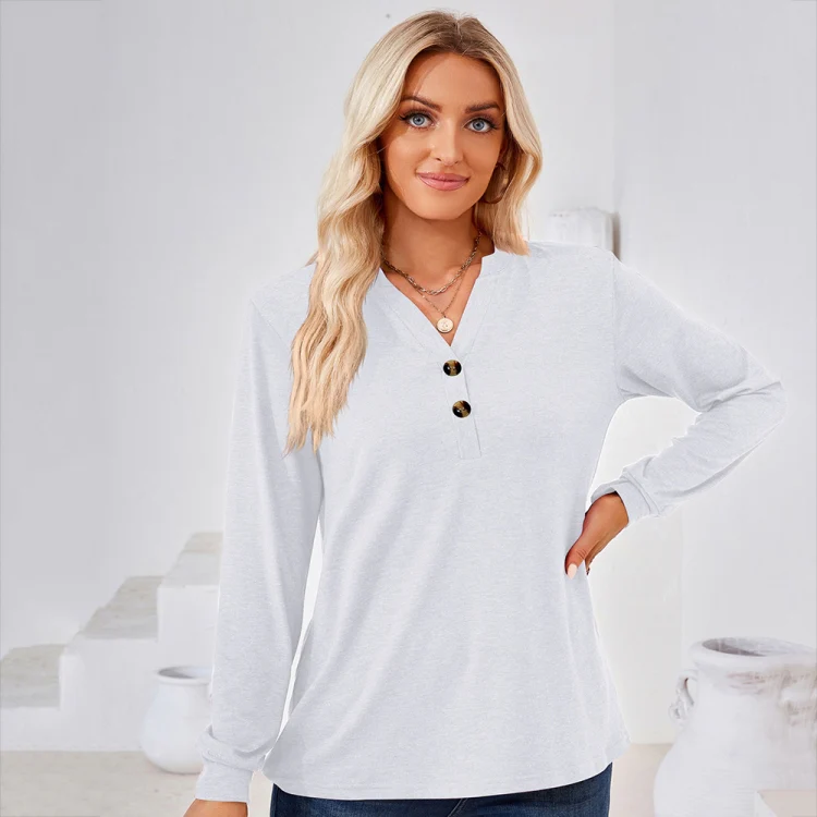 Autumn and Winter Solid Color V-neck Button Loose Long-sleeved T-shirt Top, Size: S(White) - Image 4