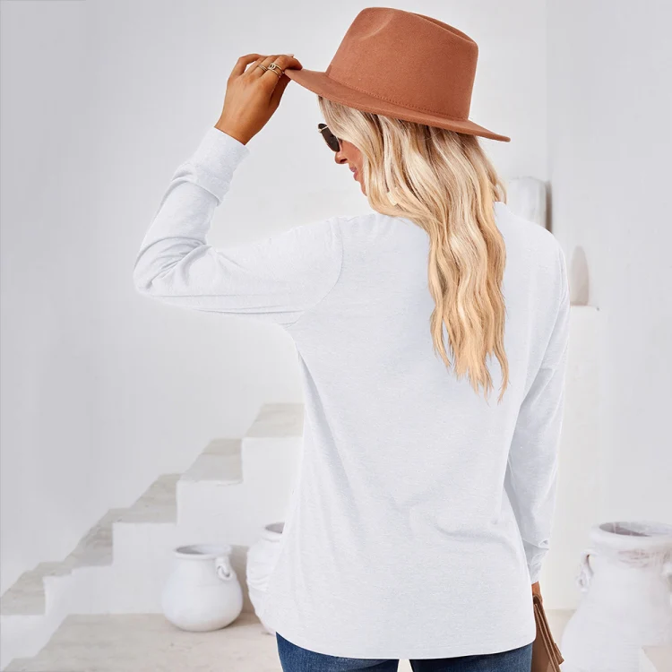 Autumn and Winter Solid Color V-neck Button Loose Long-sleeved T-shirt Top, Size: S(White) - Image 5