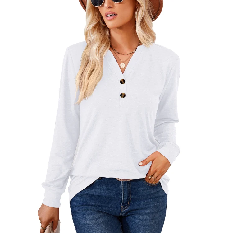 Autumn and Winter Solid Color V-neck Button Loose Long-sleeved T-shirt Top, Size: XL(White)