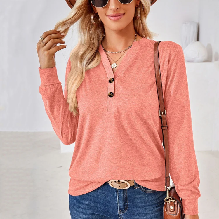 Autumn and Winter Solid Color V-neck Button Loose Long-sleeved T-shirt Top, Size: XXL(Pink) - Image 2
