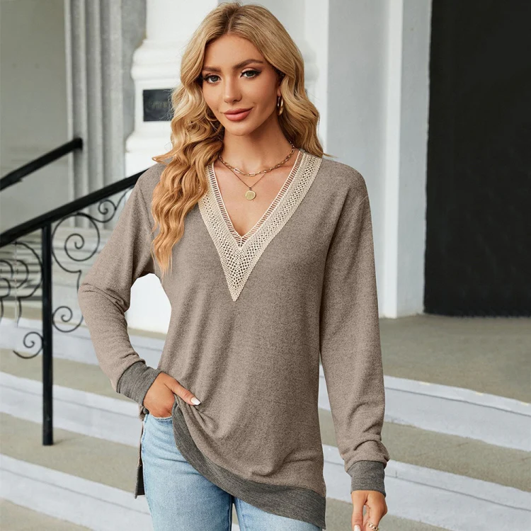 Autumn Winter Hollow Lace V-neck Color-blocked Split Loose Long-sleeved T-shirt, Size: L(Coffee) - Image 2