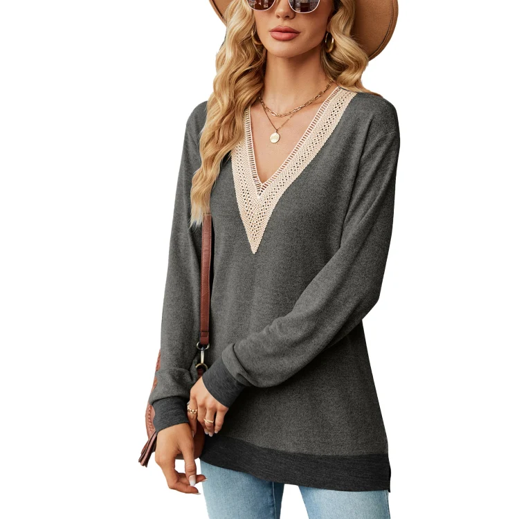 Autumn Winter Hollow Lace V-neck Color-blocked Split Loose Long-sleeved T-shirt, Size: L(Dark Gray)