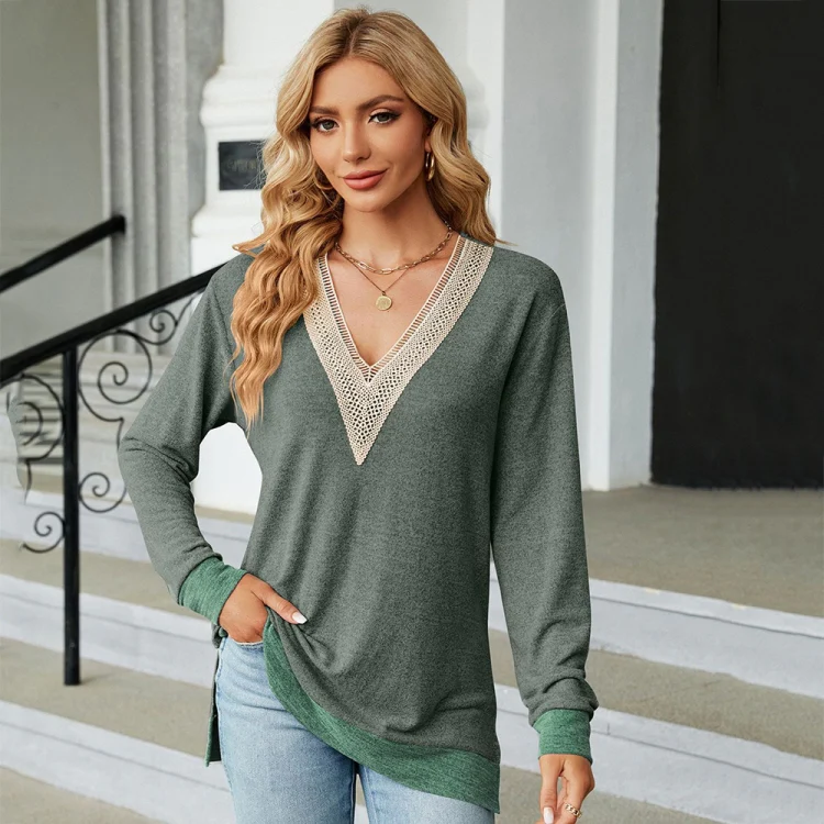 Autumn Winter Hollow Lace V-neck Color-blocked Split Loose Long-sleeved T-shirt, Size: L(Green) - Image 2