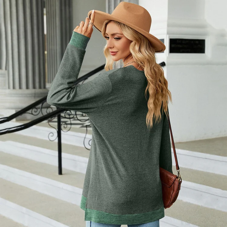 Autumn Winter Hollow Lace V-neck Color-blocked Split Loose Long-sleeved T-shirt, Size: L(Green) - Image 5