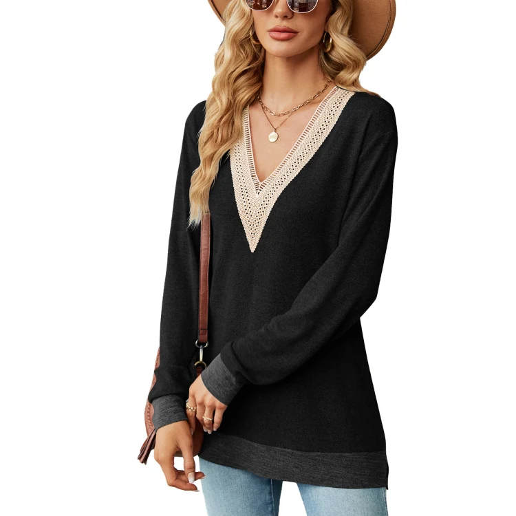 Autumn Winter Hollow Lace V-neck Color-blocked Split Loose Long-sleeved T-shirt, Size: M(Black)