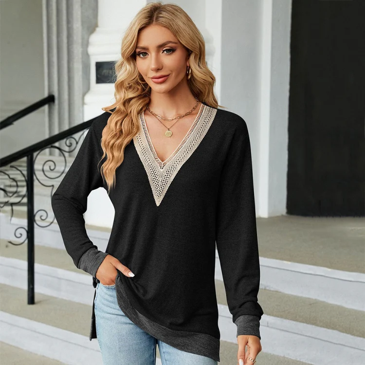 Autumn Winter Hollow Lace V-neck Color-blocked Split Loose Long-sleeved T-shirt, Size: M(Black) - Image 2