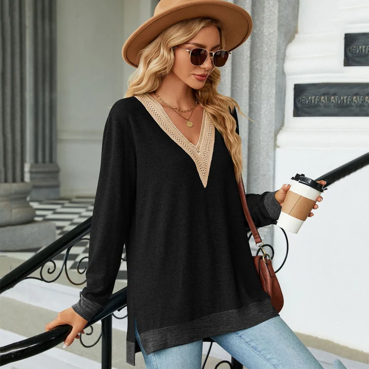 Autumn Winter Hollow Lace V-neck Color-blocked Split Loose Long-sleeved T-shirt, Size: M(Black) - Image 4