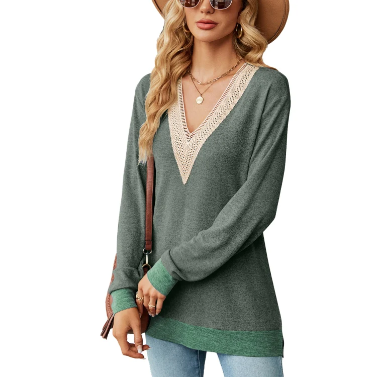 Autumn Winter Hollow Lace V-neck Color-blocked Split Loose Long-sleeved T-shirt, Size: M(Green)