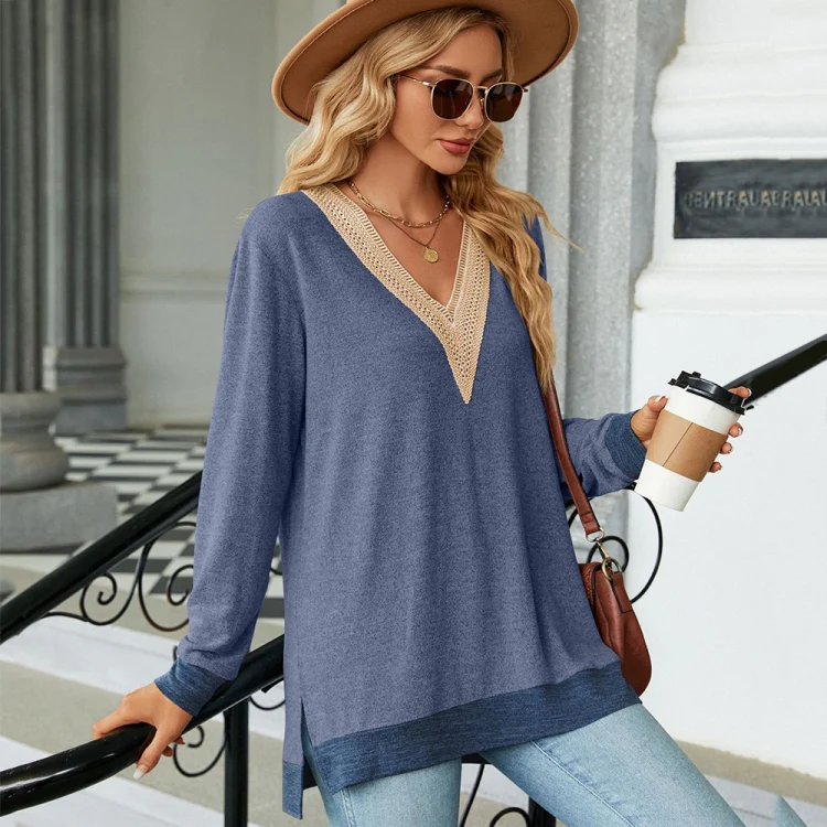 Autumn Winter Hollow Lace V-neck Color-blocked Split Loose Long-sleeved T-shirt, Size: S(Colorful Blue) - Image 3